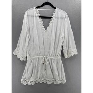 Blue Island Cover-Up Dress Size L Embroidered V-Neck Bell Sleeve Beachy Coastal